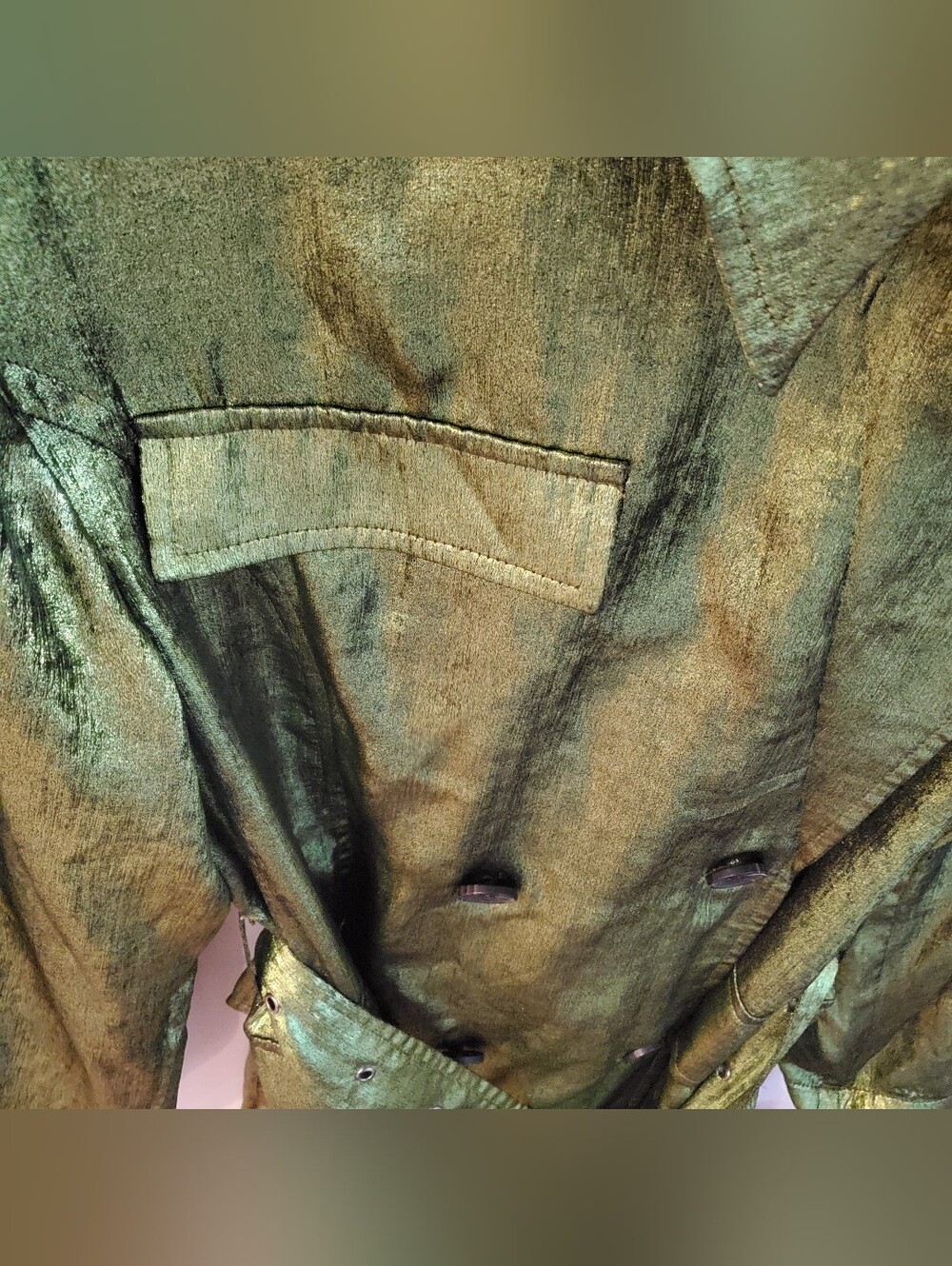 Avec Les Filles Green Metallic Shimmer Shiny Trench Coat Belted Size L - Picture 5 of 10